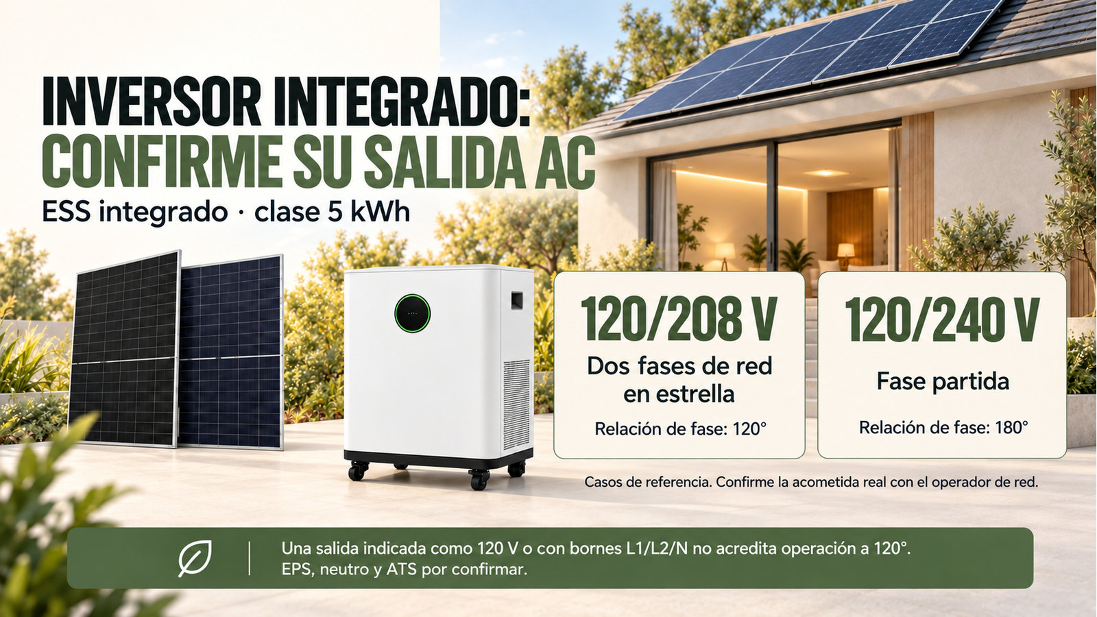 Distinción entre los casos 120/208 V de 120 grados y 120/240 V de 180 grados; equipo candidato sin compatibilidad confirmada