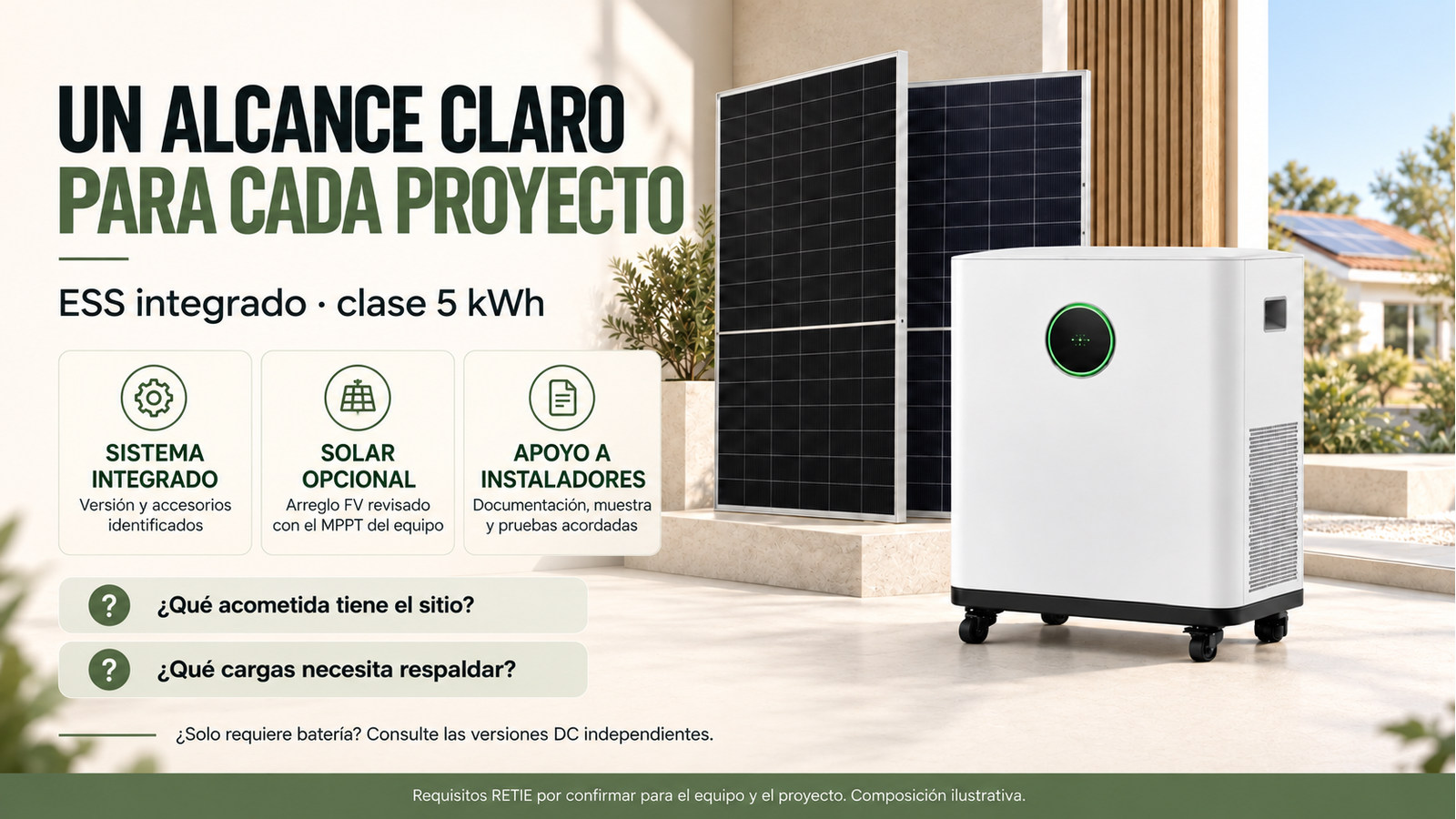 Alcance comercial y preguntas de evaluación para ESS integrado · clase 5 kWh